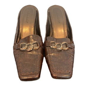 Highlights Faux Croc Brown Slide Loafer Heels with Square Toe Chain Detail  - 9